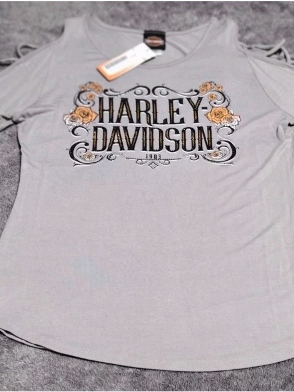 Harley-Davidson Light Gray Cold Shoulder Top with Floral Logo XL NWT